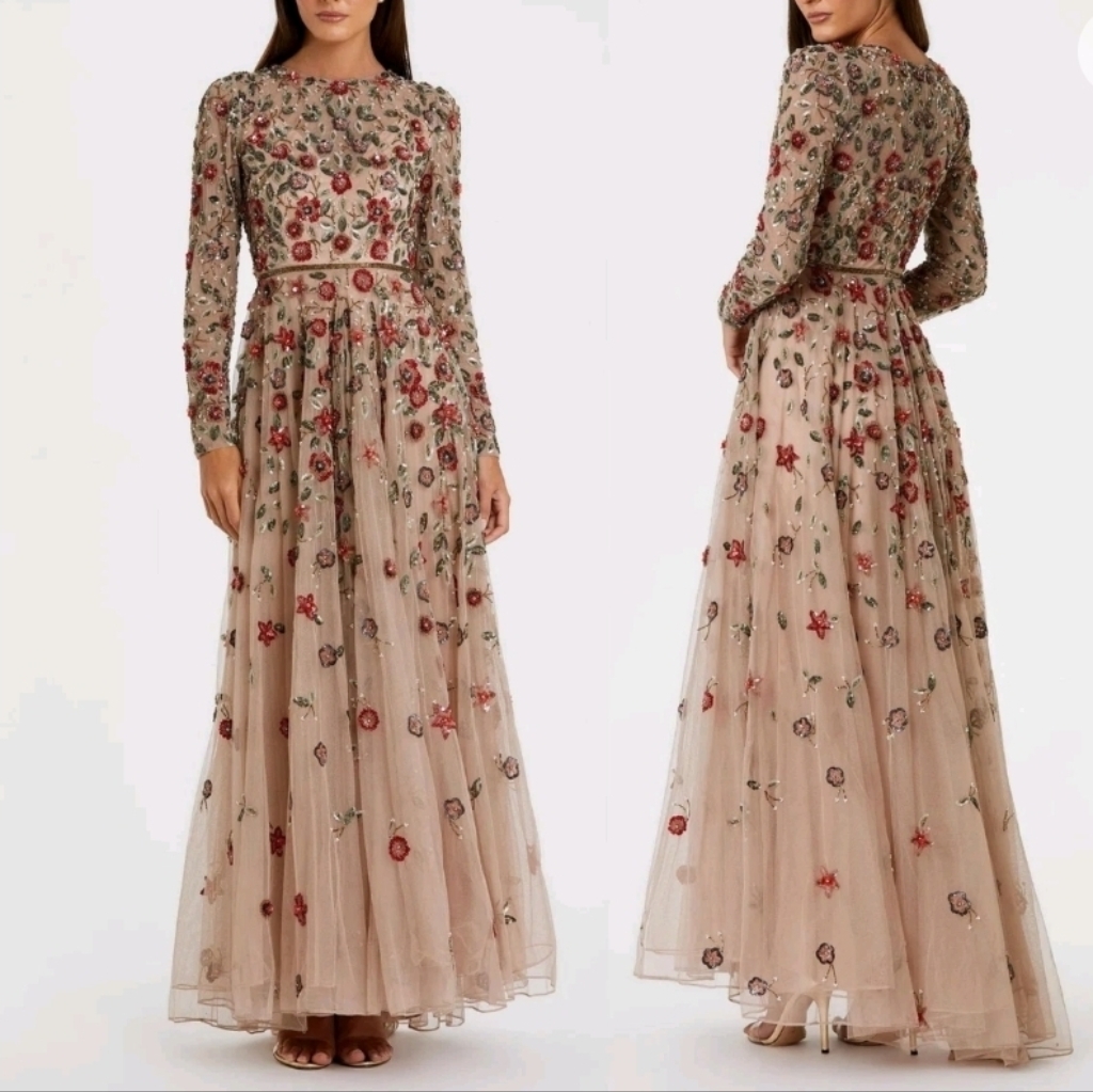 Nwt Mac Duggal 5533 Embroidered Long Sleeve Floral Tulle Evening Dress Aro Sz 12